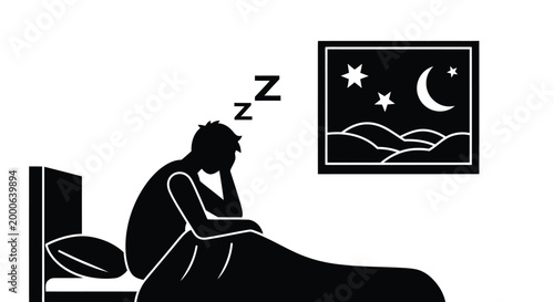 Silhouette illustration of a person struggling to sleep in bed while looking at a night sky on white background