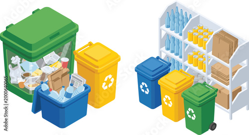 Isometric recycling bins with sorted trash plastic bottles glass containers paper cardboard and metal cans for sustainable waste management