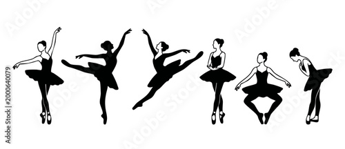 Ballerina Dancer Silhouettes Set, Professional Ballet Performance Poses, Graceful Woman Dancing Collection in Black Tutu Isolated on White Background for Elegant Design Elements and Art Projects