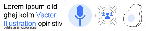 Communication tools, technology settings, user interaction, voice assistance, teamwork, modern workflow. Blue microphone icon, gear with users abstract design. Communication tools and technology