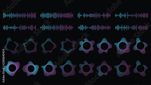 Circular soundwave icons set. gradient neon circular sound wave frames. concentric energy burst. Radial audio waves and music symbols