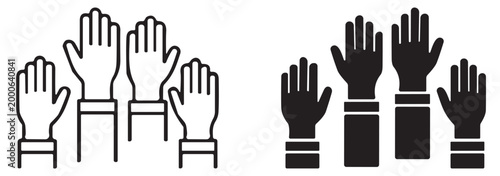 raised hands icon, minimal vector line and solid style, voting support and participation symbol isolated on transparent background