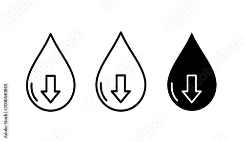 Water drop icons three variations depicting descent and fluid dynamics