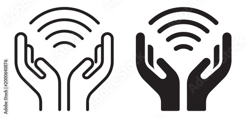 wifi signal in hands icon, minimal vector line and solid style, internet connection and support symbol isolated on transparent background