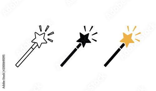 Three variations of a magic wand with sparkling star effects