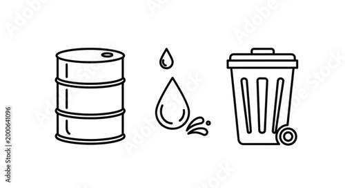 Industrial waste barrel with oil drops and trash can illustration.