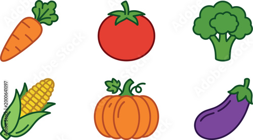 Colorful flat design carrot tomato broccoli corn pumpkin and eggplant vegetables