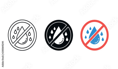Waterproof symbol variations outline solid and prohibited with red circle