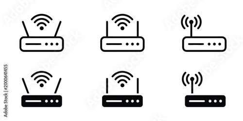 Set of six router icons with wireless signal indicators and antennae.