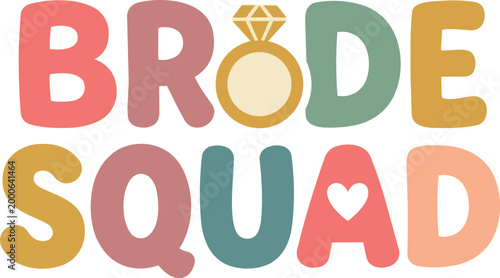 Colorful bride squad lettering with ring and heart icons flat design