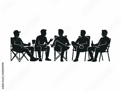 Group of Men Silhouettes Sitting in Folding Chairs and Talking Together