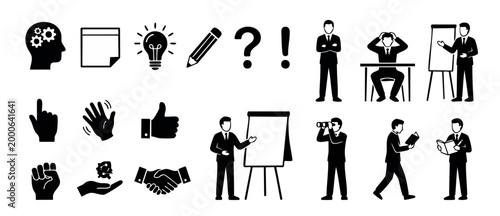 Business People Icons Set: Corporate Office Work, Management, Leadership, Communication and Strategy Symbols, Professional Human Pictograms, Black and White Vector Illustrations for Infographics and D
