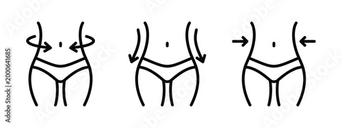 Set of three weight loss and body shaping icons for health and fitness.
