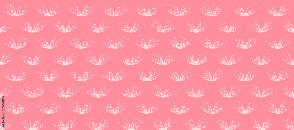 Fototapeta premium Vector abstract wide background with pale pink bloom leaf grid pattern. Soft halftone colour texture and grainy finish create feminine floral surface for textile decor and beauty branding