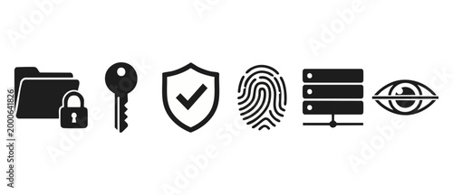 Cybersecurity Icons Set with Data Protection, Encryption and Biometric Security Symbols for Network Safety, Information Privacy, Digital Access Control, Identity Verification and Infrastructure Monito