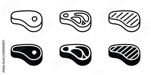 Six steak icons representing different cuts and cooking styles with outline and solid variations.