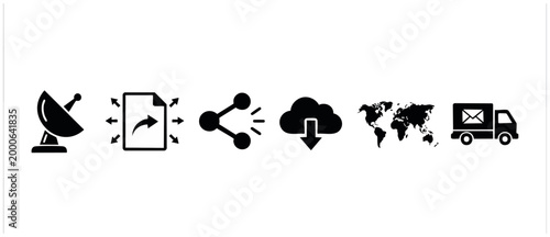 Communication and Data Transfer Icons Set, Global Network Distribution Symbols for Digital Business and Technology Infrastructure, Satellite, File Sharing, Cloud Download, World Map and Logistics Deli