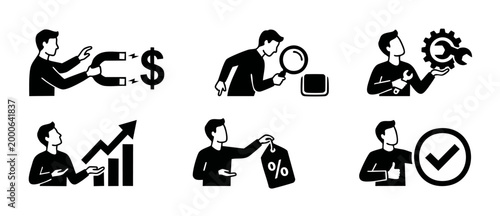 Business Man Icons Set, Marketing and Strategy Concepts for Professional Web Design and Infographics, Isolated Black Silhouettes for Corporate Presentations, Financial Growth, and Service Solutions.