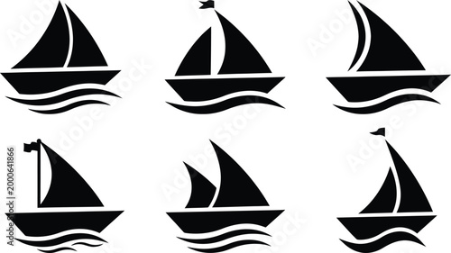 Set of black sailboat icons on transparent background sailing on waves.