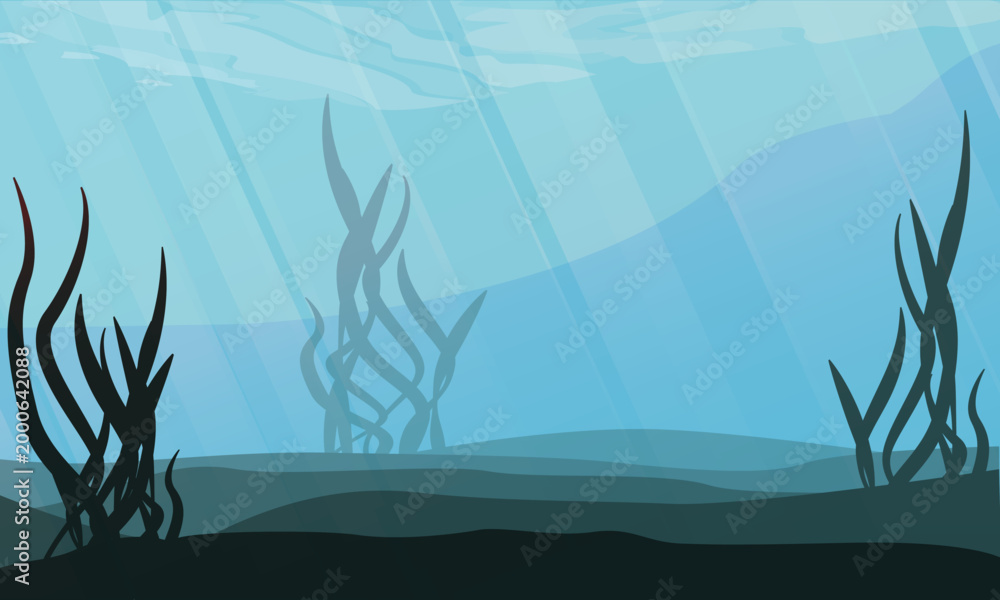 Αυτοκόλλητο Underwater ocean landscape with sun rays and seaweed silhouettes