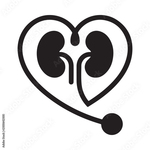 A stylized heart shape containing kidney illustrations symbolizing organ health and anatomical connection