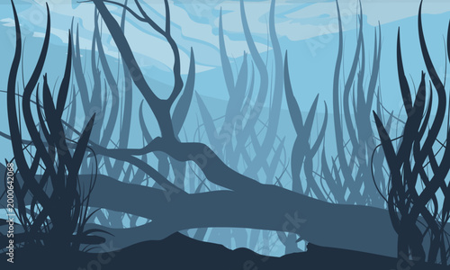 Underwater landscape with driftwood and seaweed silhouettes. Blue deep water background for lake, river or ocean nature design. Vector flat illustration of submerged wood and marine plants