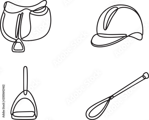 Equestrian sports equipment icons set with horse saddle helmet stirrup and whip in continuous line art