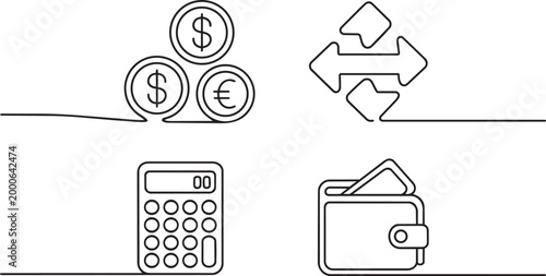 Finance business icons set with coins calculator and wallet in a clean continuous line drawing style