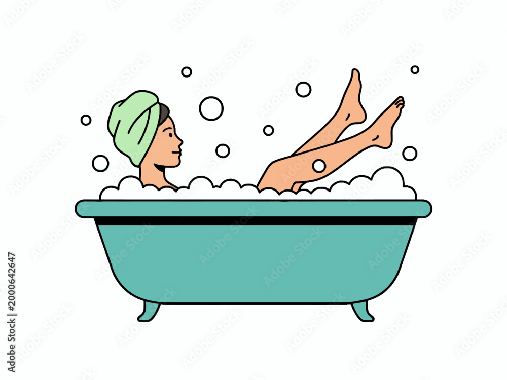 Naklejka premium Woman Relaxing in Bubble Bath Inside Teal Bathtub Illustration