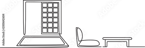Home office interior with laptop desk and chair continuous line vector illustration in minimal style