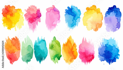 Colorful watercolor paint splashes set with artistic brush textures and decorative shapes in pink and blue
