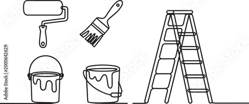 Home renovation tools icons set with stepladder paint roller brush and buckets in minimalist line art style