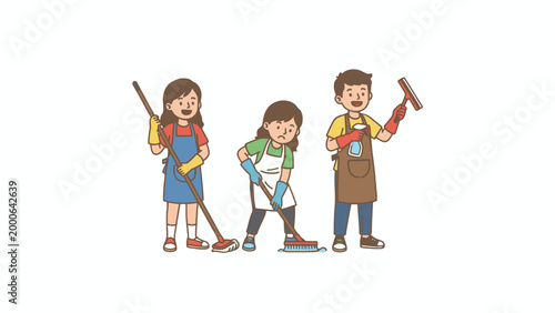 Children Cleaning and Mopping Floor Illustration on White Background