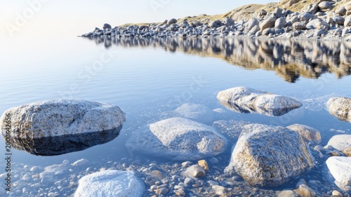 Calm 3d lake shoreline with still water and mirror reflection of serene morning sky