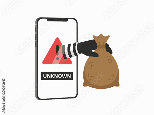 Hacker hand stealing money sack from smartphone screen illustration