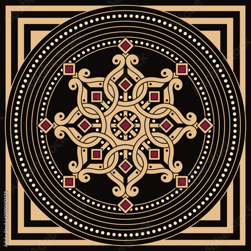 Intricate Geometric Mandala Ornament with Gold and Red Accents