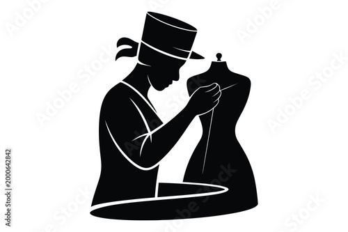 Fashion designer working on mannequin with measuring tape designer mannequin