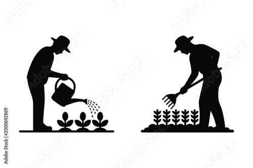 Farmers working in garden with watering can and fork gardening watering