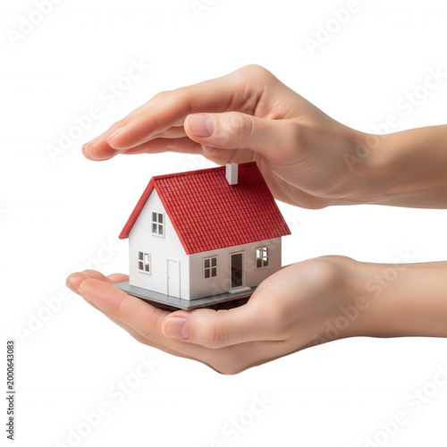 Hands cradling a miniature white house with red roof isolated on a transparent background