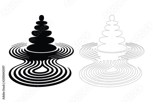 Abstract zen stones stack with ripples in silhouette zen like meditation