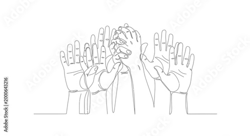 Many hands raised up together high.