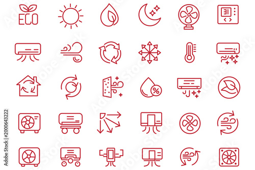 hvac air conditioning line icon set featuring cooling system, heating, temperature, ventilation, cooling, smart, thermostat, and repair maintenance vector symbols
