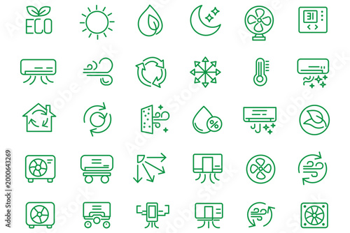 hvac air conditioning line icon set featuring cooling system, heating, temperature, ventilation, cooling, smart, thermostat, and repair maintenance vector symbols
