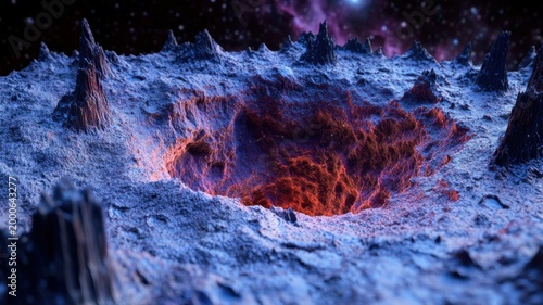 An alien surface with a deep abyss encircled by towering black rock spikes under a starry sky