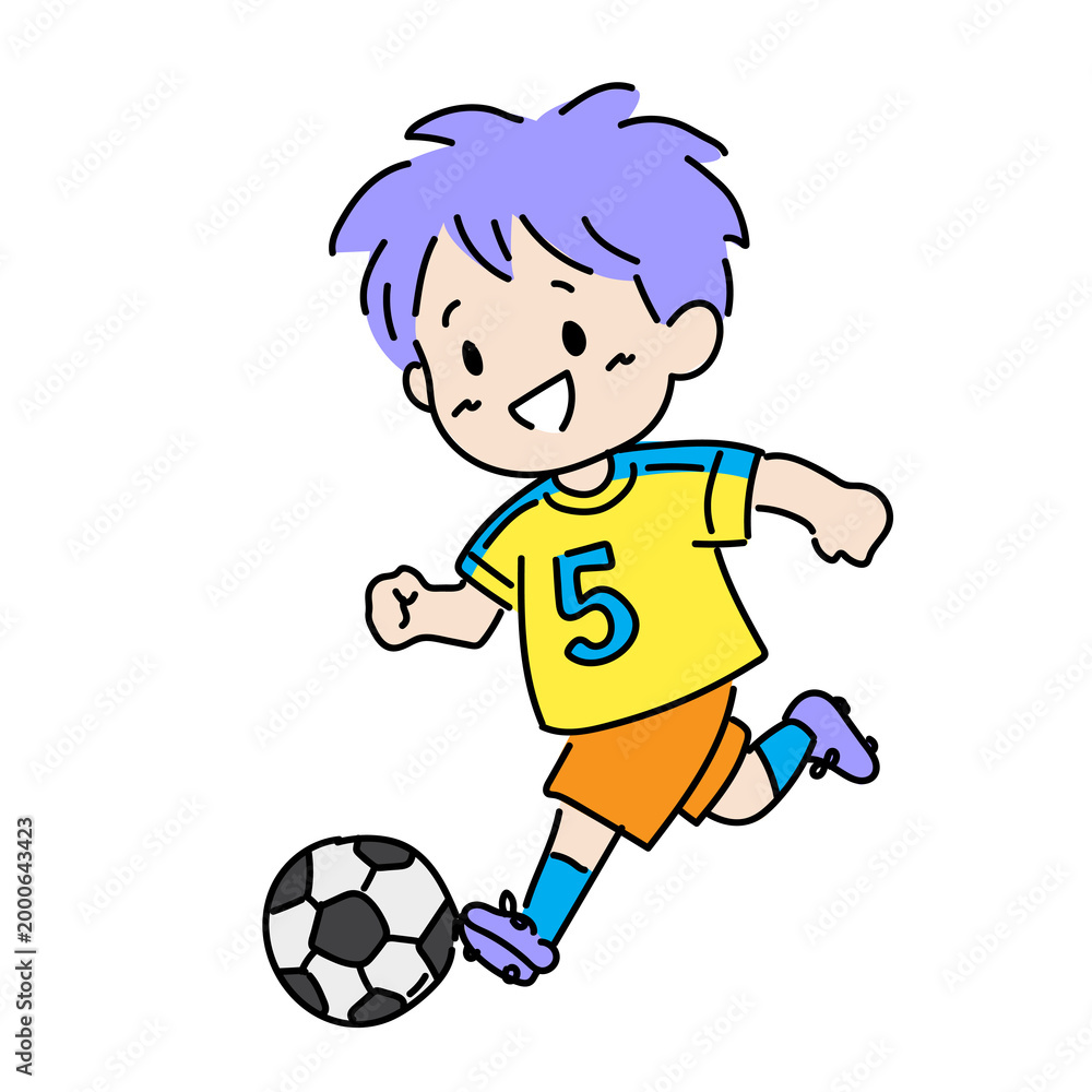 Obraz premium Cute cartoon boy with purple hair playing soccer with a ball, wearing a yellow shirt and orange shorts, isolated on a white background.