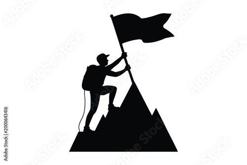Silhouette of a hiker planting a flag on a mountain peak with climbing, mountain