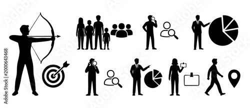 Business People Silhouette Icon Set for Corporate Strategy, Marketing, and Human Resources Concept, featuring Archer, Data Analysis, Recruitment, Identification and Navigation Symbols on White Backgro