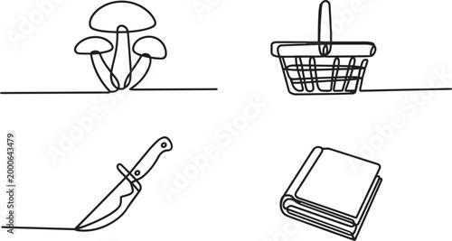 Mushrooms with a picnic basket a knife and books vector illustration continuous line art for concept