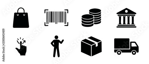 E-commerce and logistics icon set, shopping bag, barcode scanner, coins, bank, hand gesture, person, package box and delivery truck black symbols for web design, business interface and retail digital