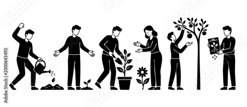People Gardening Icons Set, Planting Trees and Watering Plants, Sustainable Agriculture and Eco Friendly Concept, Vector Illustration of Human Activities for Growing Organic Food in Flat Black Silhoue
